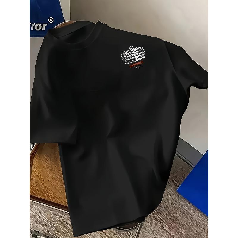 

European sizes Portuguese Sardine Canned Retro Print Seafood Gourmet Theme Short Sleeve T-Shirt Summer New Men S Fashion Print Casual Wear 4XL чорний