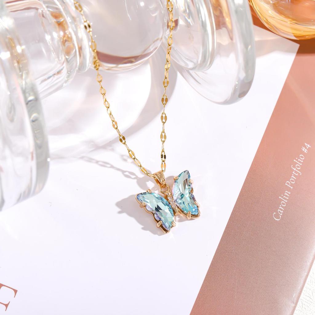 Iridescent Gradient Butterfly Necklace with Zirconia Rhinestones - Titanium Steel Clavicle Chain Pendant.