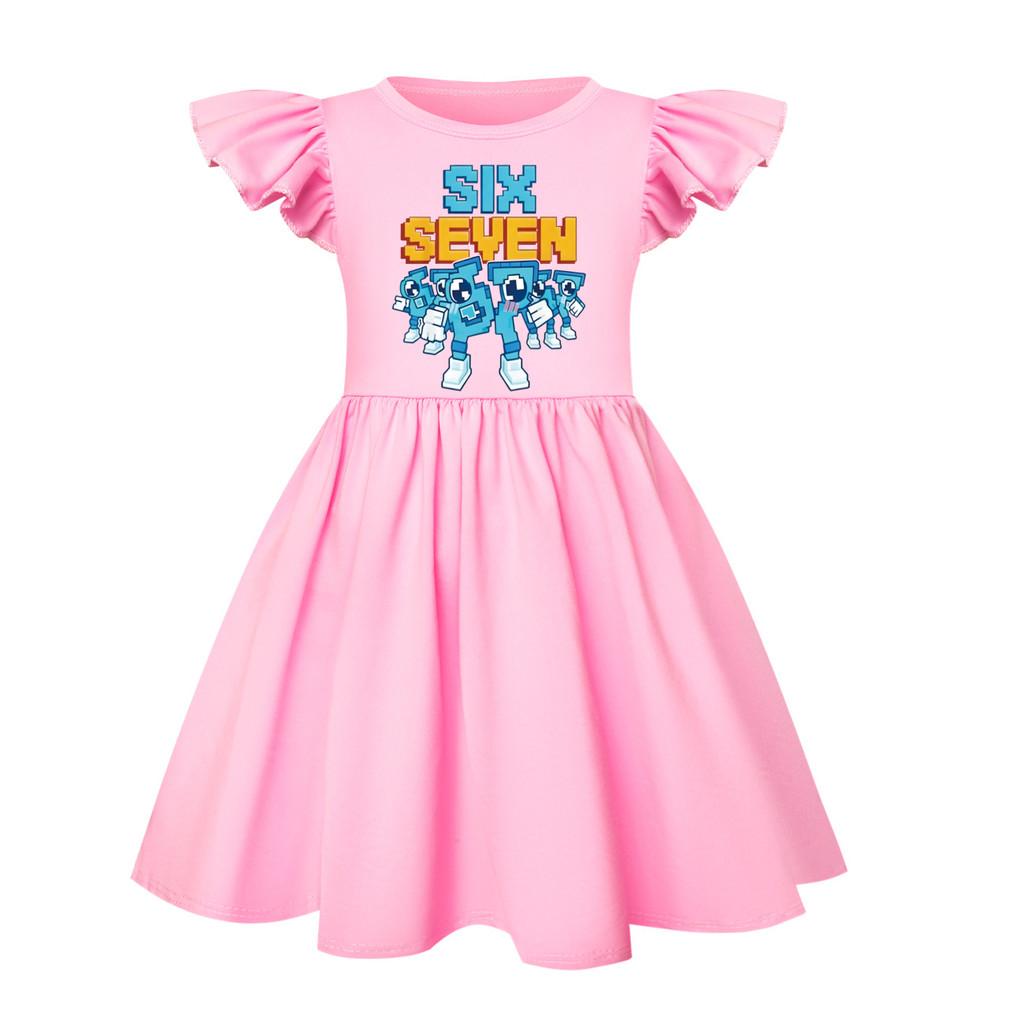 5195 Kids Girls Steal a Brainrot 67 Six Seven Printed Ruffle Short Sleeves Casual Dress