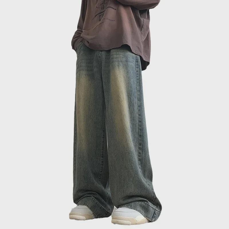 Men's Retro Blue Distressed Wide-Leg Jeans - Cleanfit Straight Style for Spring & Autumn