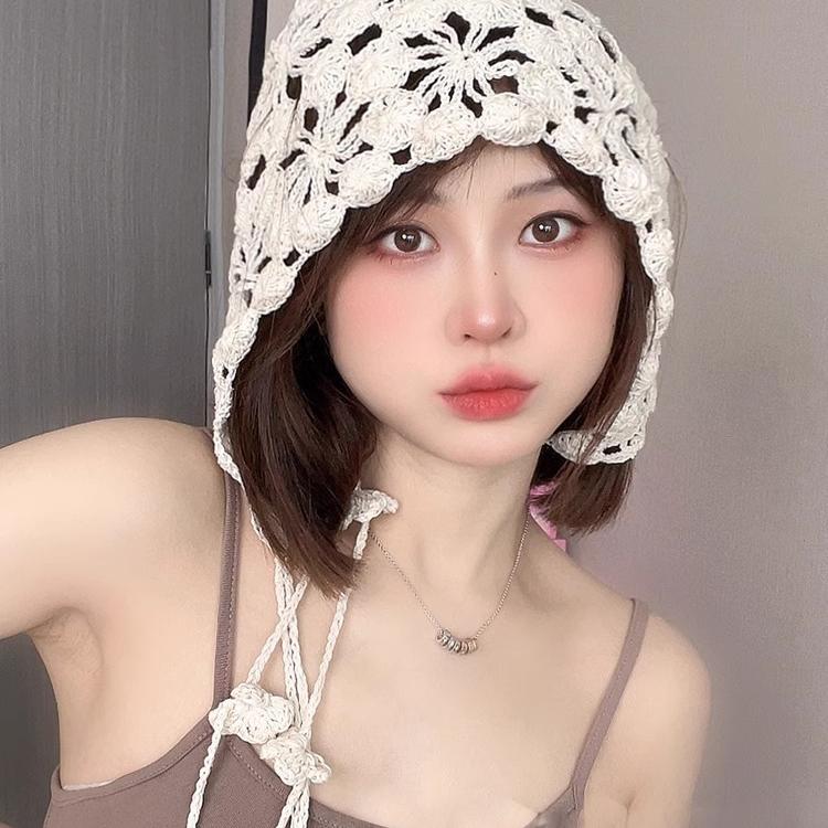Pastoral Hand-woven Hollow Headgear Women's Spring Summer Thin Ethnic Style Flower Fringed Knitted Cold Hat