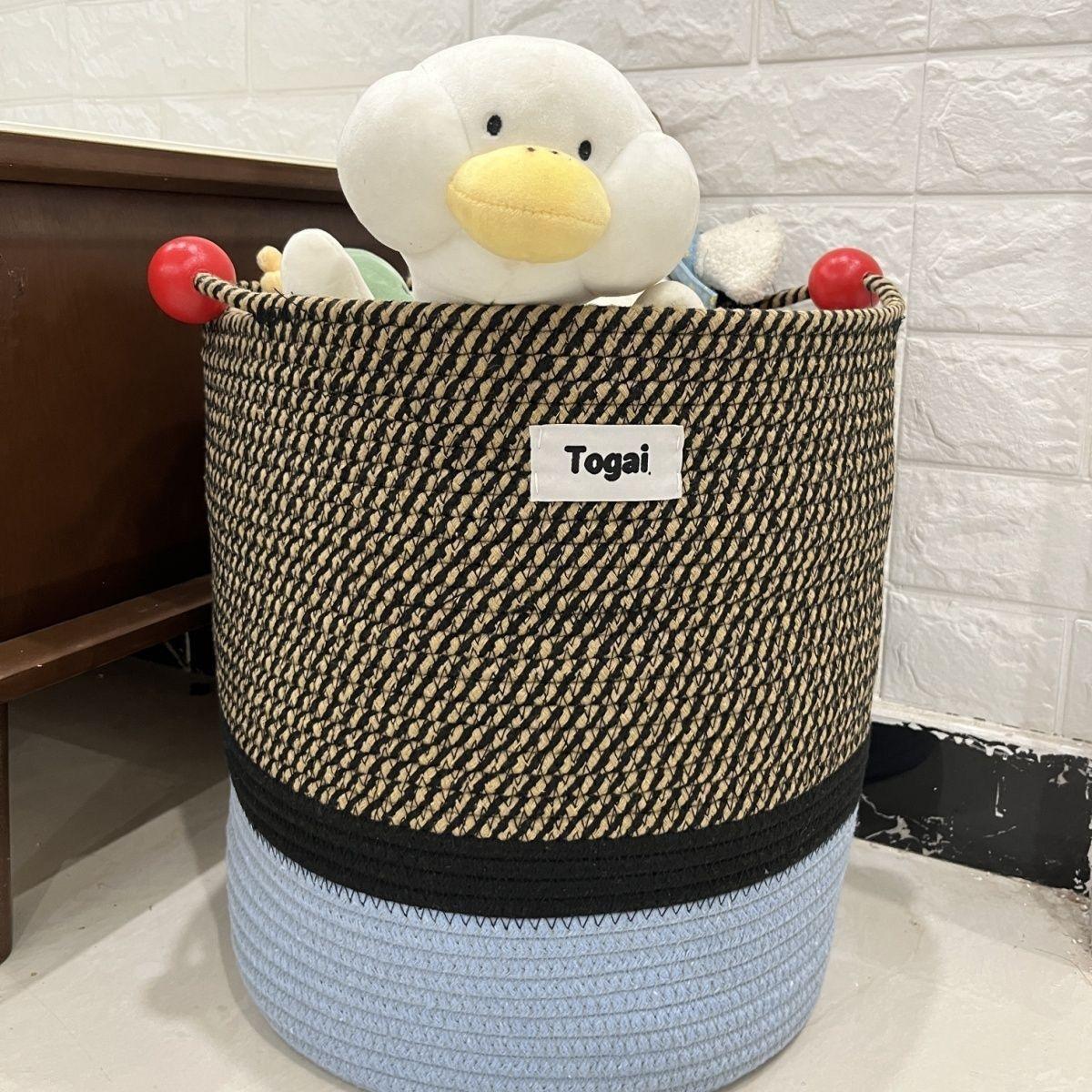 Contrasting Color Woven Cotton Laundry Basket