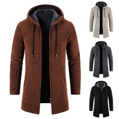 Męski średni długi płaszcz z kapturem Pluszowa krata Knitting Sznurek Płaszcz Sweter Ciepłe kurtki w jednolitym kolorze Topy