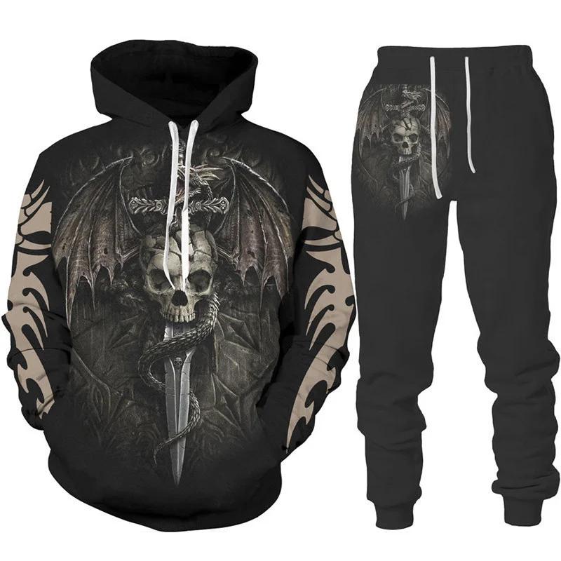 Drache 3D Druck Herren Totenkopf Kapuzenpullover Sets Trainingsanzug/Hose Herbst Winter Langarm Pullover Anzug Punk Lässig Übergröße Hohe Qualität