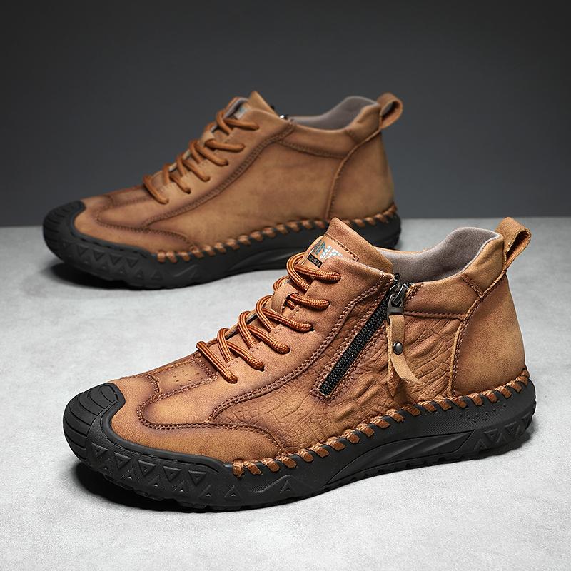 Fashion Mens Leather Casual Loafers Solid Color Sewing Style Vintage Hand Stitching Oxfords Shoes Ankle Boots Daily Work Office Shoes