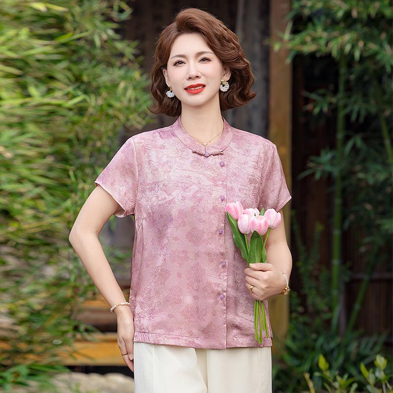 2026 New Style Chinese Stand Collar Top: Fashionable Printed Frog Button Shirt for Middle-Aged & Elderly Women