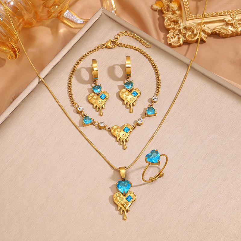 Titanium Steel Necklace, Bracelet, Earrings, Ring, Luxury-style Set with Sparkling Diamonds, Heart-shaped Design