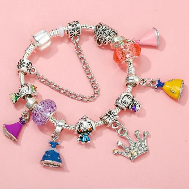 Colors Enamel Disney Princess Dress Charms Pulseiras for Girls Colorful Glass Beads Bracelets&Bangles Women Cartoon Skirt Dangle