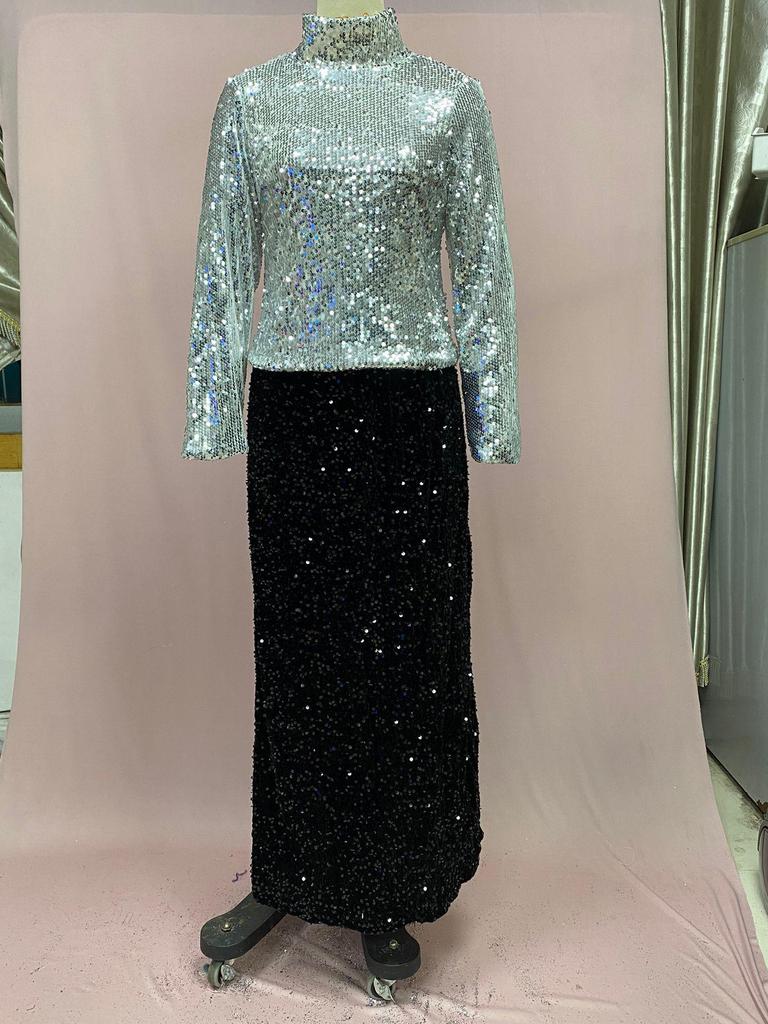 2025 High Waist Sequined Midi Skirt with Elastic Back Slit for Women