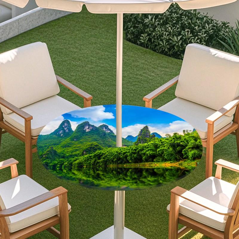 Outdoor Round Table Cover With Nature Print Waterproof Elastic Hem Patio Garden Deck