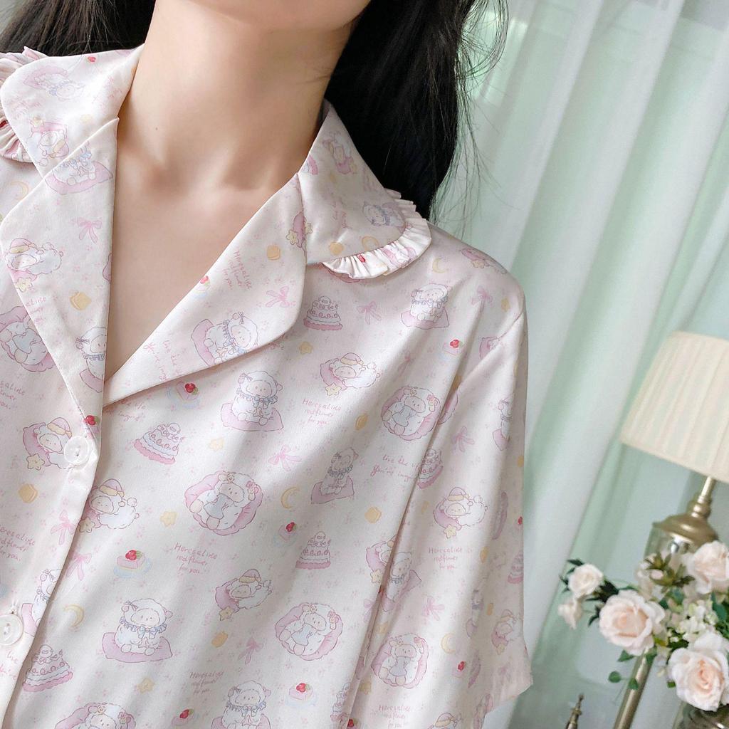 Women's Cute Cartoon Ice Silk Pajama Set - Short-Sleeved Three-Piece Summer Loungewear (TX0043)