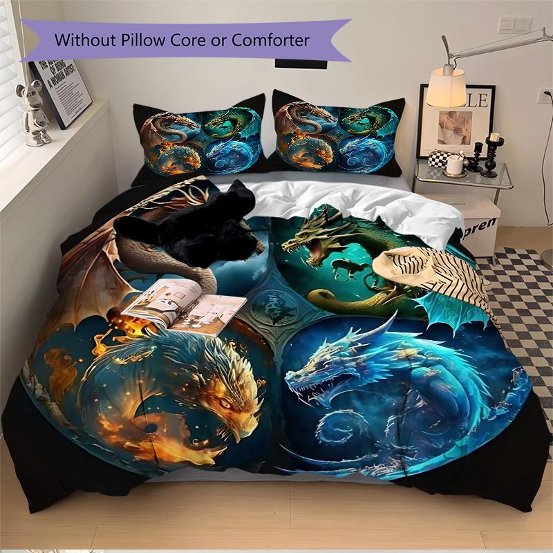 3pcs Composition of Fire Water Earth and Air Dragons Printed Quilt Set - Soft and Comfortable Quilt Cover for Bedroom, Guest Room and Dormitory