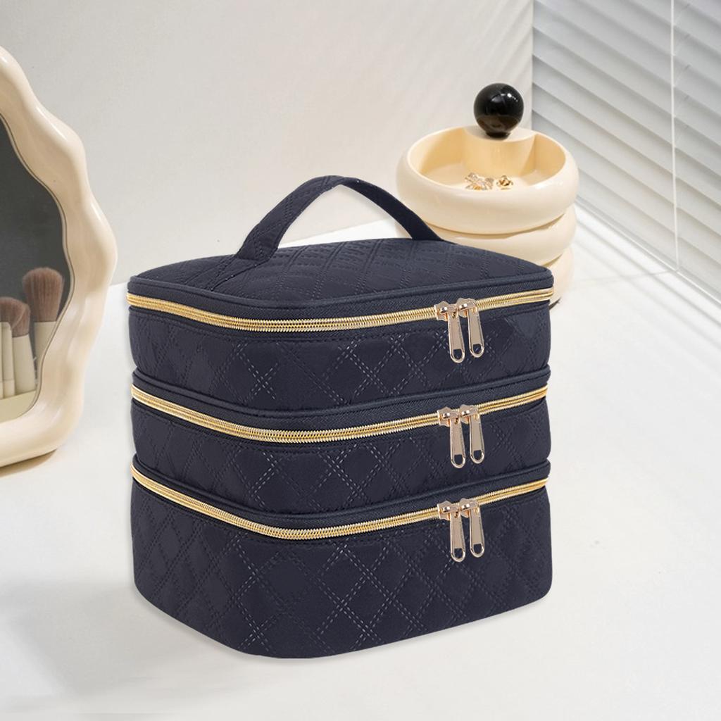 3-Layer Large Capacity Quilted Makeup Bag Organizer with Handles - Suitable for Travel and Home Organizer