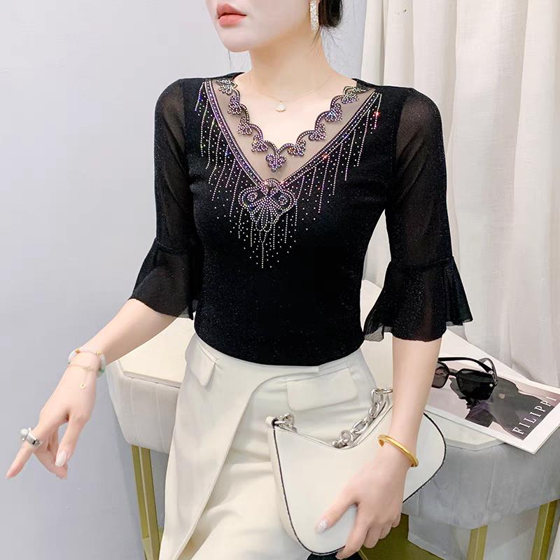 Summer Fashion Sexy V-neck Girl T-shirt Clothes Shiny Hot Diamond Flare Sleeve Mesh Tees High Quality Women's Tops