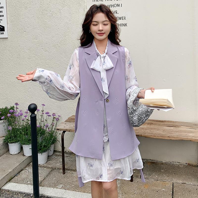 

Набор взрывного фиолетового платья интернет-знаменитости, женский весенний новый французский жаккардовый жилет, цветочное платье, набор из двух предметов L фиолетовый