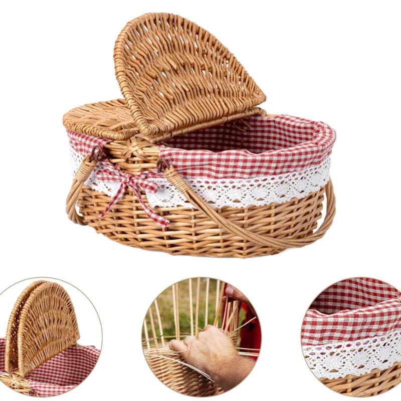 Wicker Picnic Basket with Lid Handheld Woven Basket Portable Storage Hamper for Fruits Snacks and Sweets for Outdoor Home Picnic