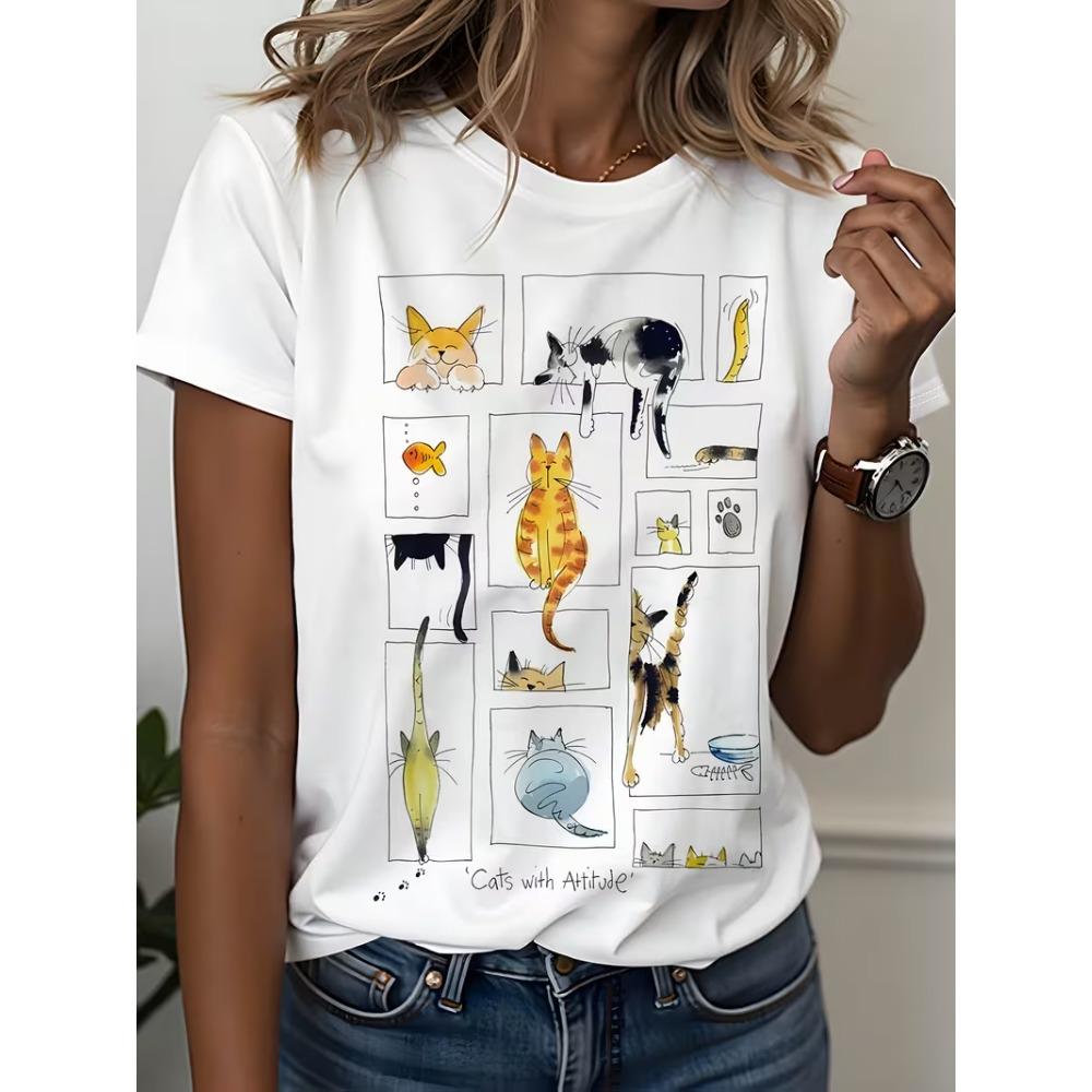 Women's short sleeved T-shirt, multiple cats posing in interesting positions