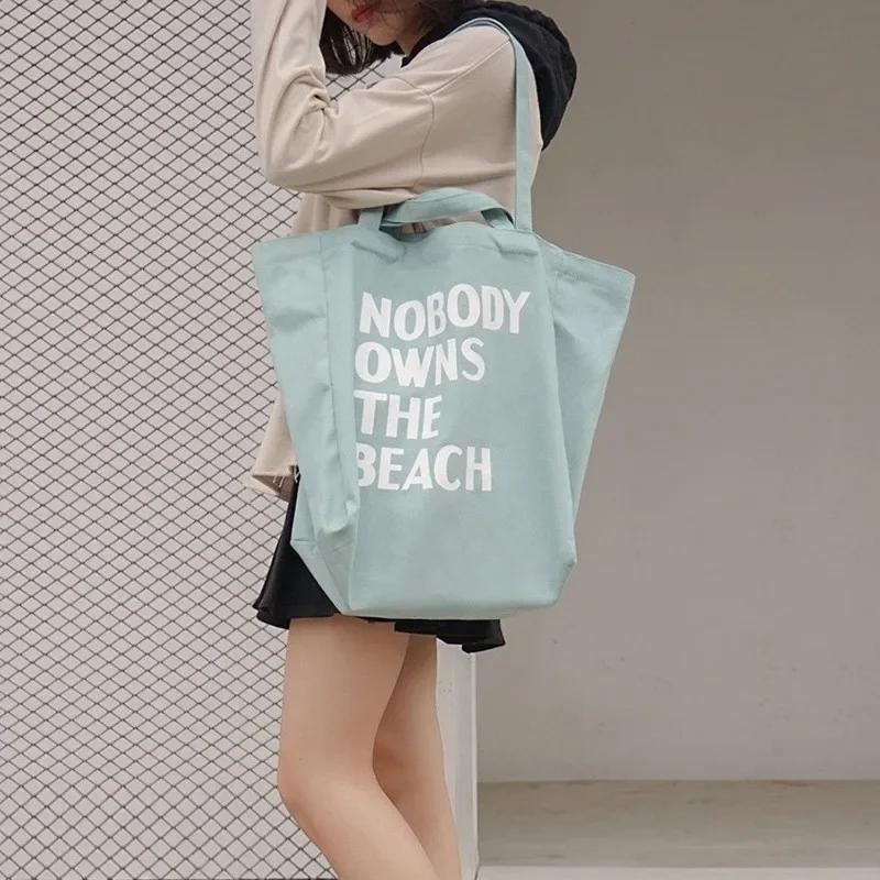Simple Ladies Korean Canvas Shoulder Bag Female Letter Printing Handbag Women Shopping Student Book Bag Casual Totes for Girls синий