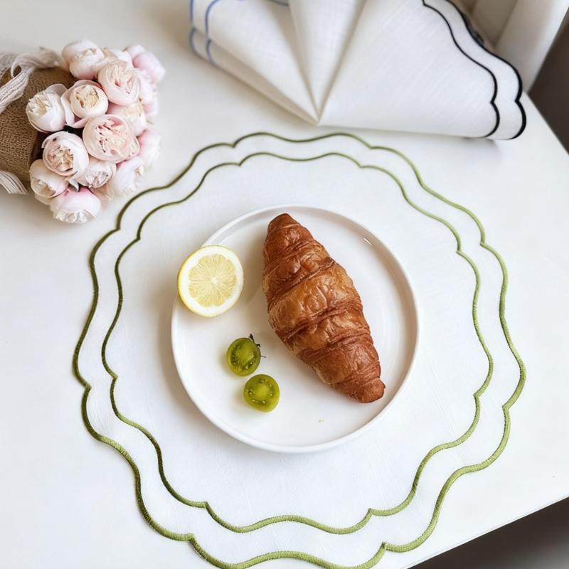 Round Embroidered Scalloped Edges Placemat Washable Decorative Flower Table Mat For Banquet Baby Showers Dining Setting