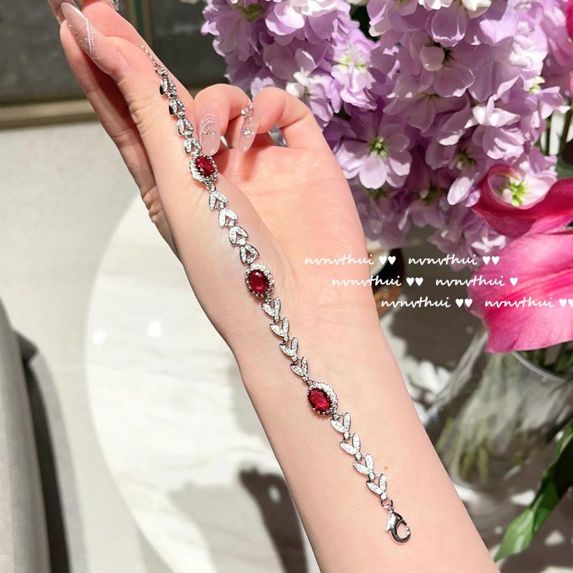 Myanmar Mogok Pigeon Blood Ruby Wheat Spike Necklace, Neon-Plated 18K Gold Christmas Red Zircon Bracelet Set