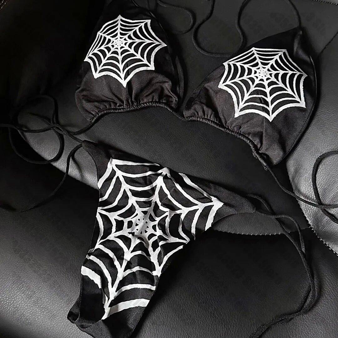 

Y2k стиль Принтованный раздельный купальник Женское бикини Сексуальный глубокий V шнуровка Стринги Купальник Двухпредметный Пляжный отдых Серфинг Загар XL чёрный