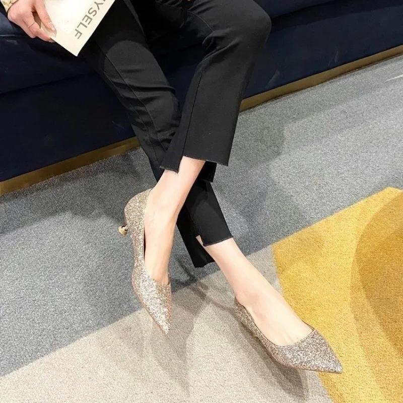 Women's Heeled Shoes 2026 New Style Fashion Versatile Sequined Women's Spring and Autumn Comfortable Pointed-toe Shoes Zapatos