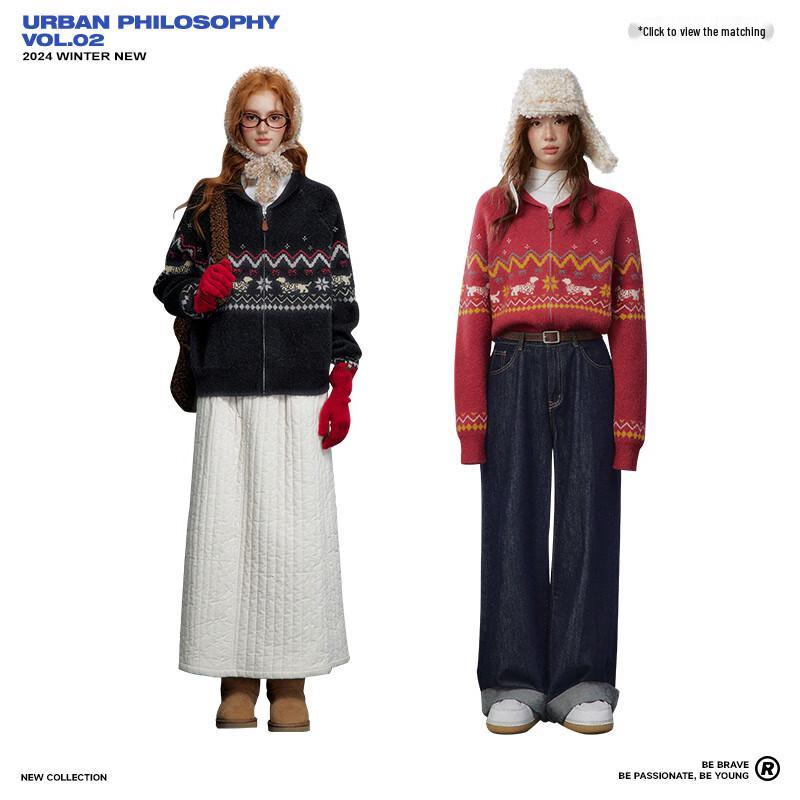 UNIFREE Fair Isle Puppy Jacquard Knit Cardigan