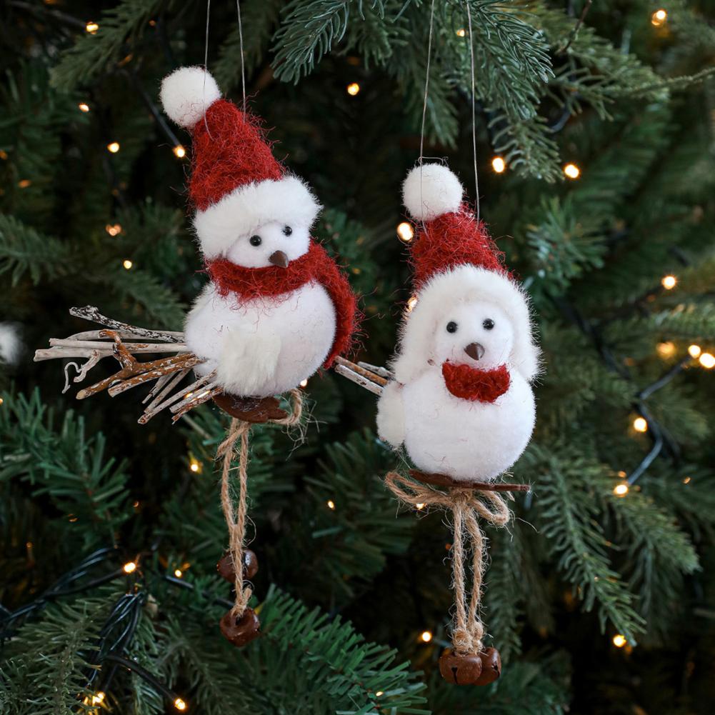 Cute Fluffy Plush Bird Christmas Tree Ornament Furry Foam Bird Figurine with Red Hat And Scarf for Desk Holiday Decoration