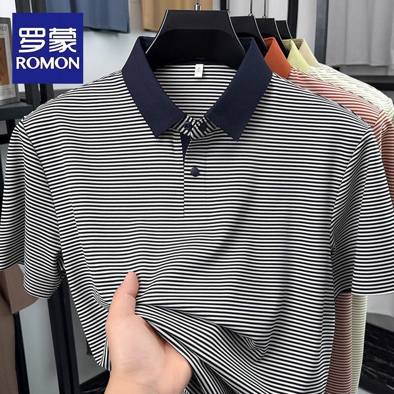Romon Men s Striped Ice Silk POLO Shirt 58