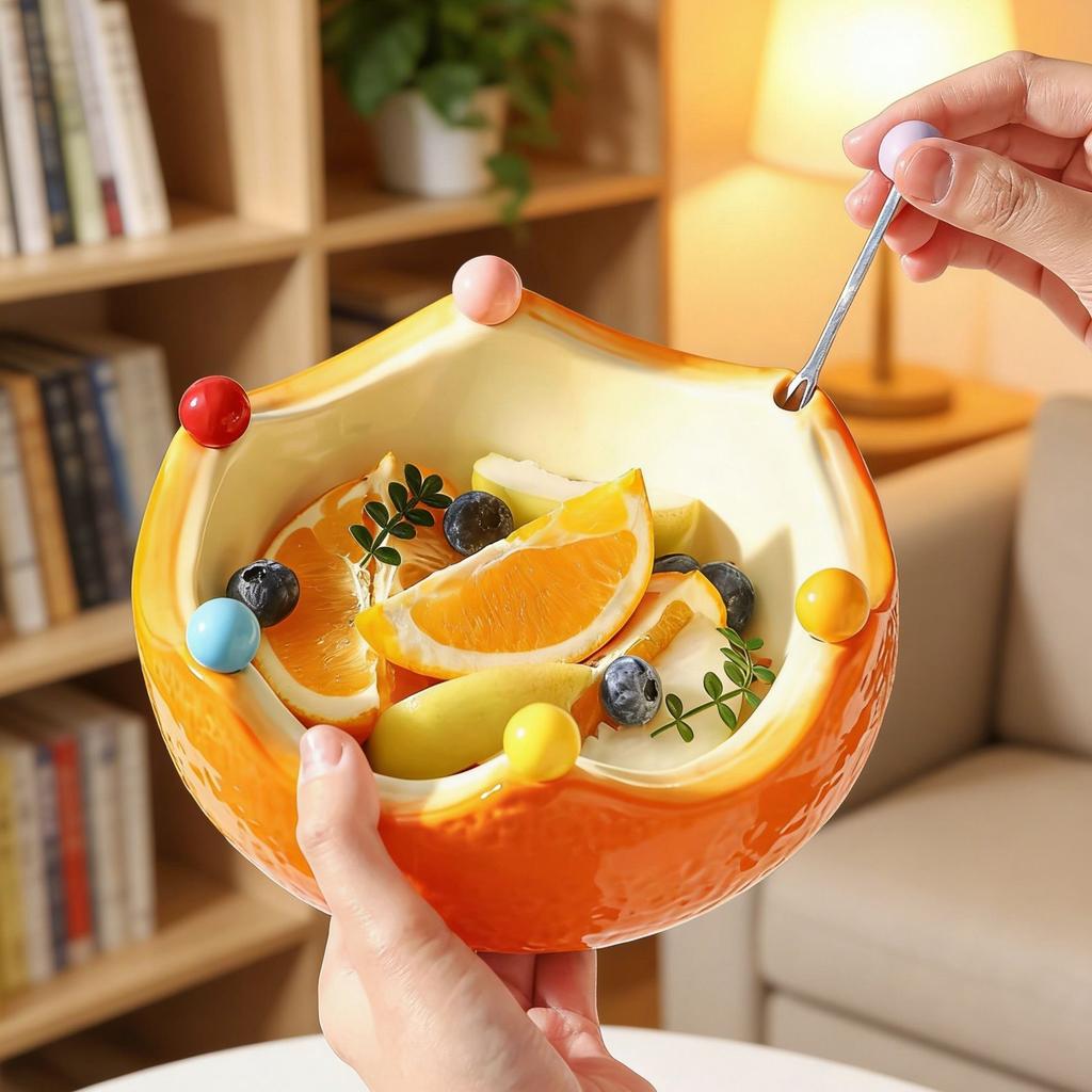 Ceramic Orange Fruit Bowl with Fork, Cute Dessert & Snack Bowl for Fruits and Treats