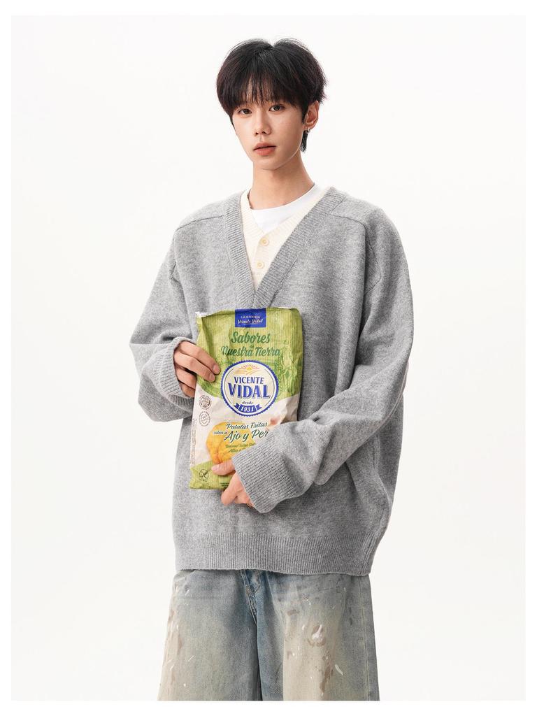 Retro V-Neck Knit Sweater for Men - Two-Piece Look, Arctic Fleece, High-Quality Long Sleeve Pullover