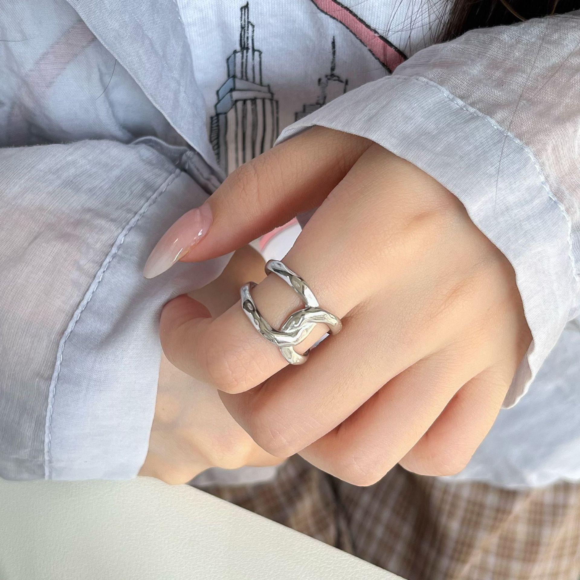Dual Ring Intertwined Knot Geometric Minimalist Finger Ring Adjustable