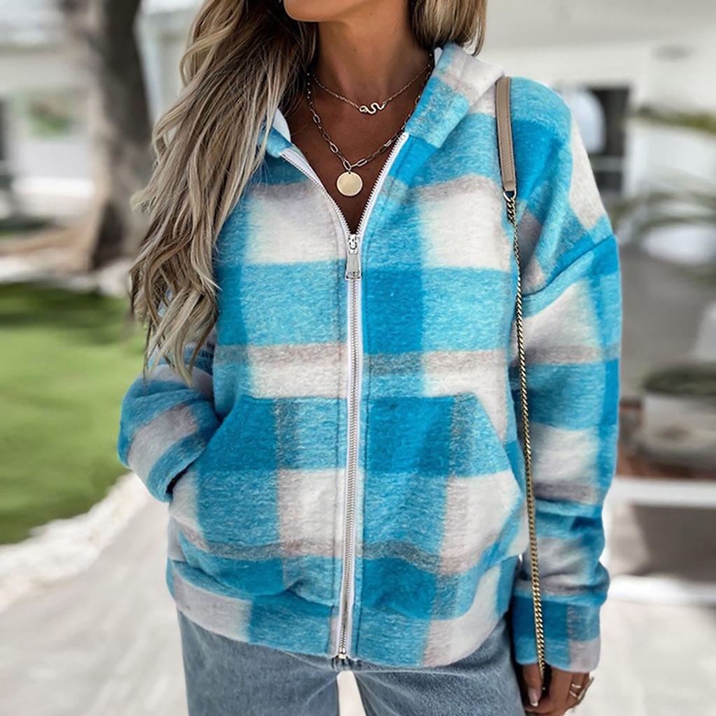 Women's Fashion Fall And Winter Plush Tweed Hooded Jacket Zipper Warm Top