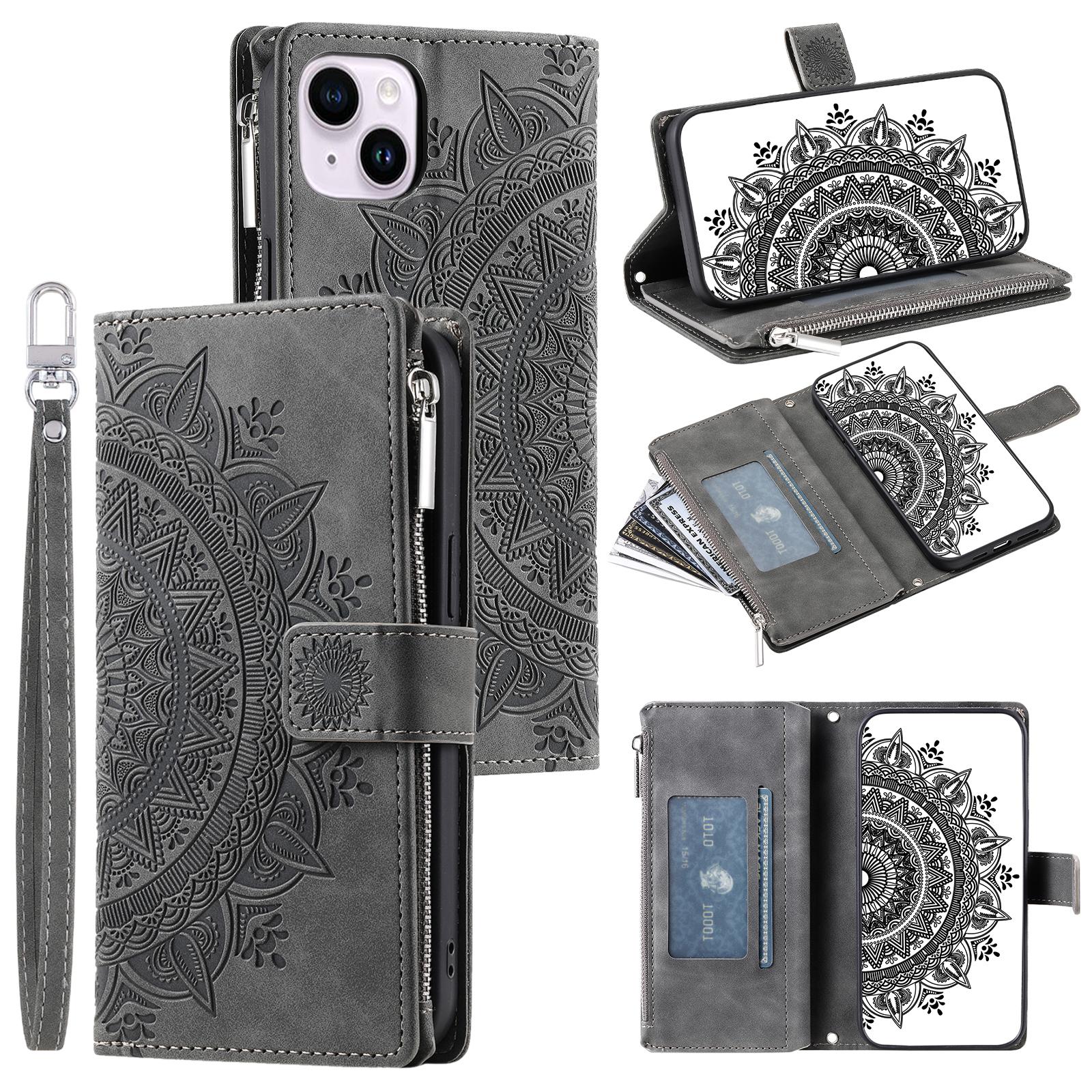 

Mandala Flower Imprinted PU Leather Cover for iPhone 15 Zipper Pocket Anti-Drop Wallet Phone Case with Strap Grey