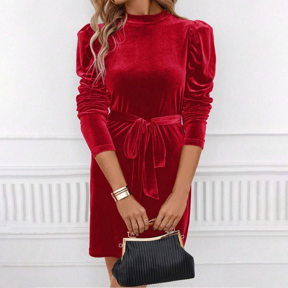 ins European and American velvet party elegant and generous lace-up waist and thin long-sleeved hip-wrapped short skirt