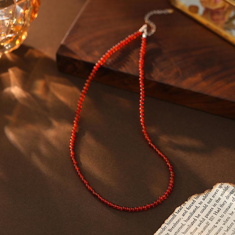 Banyan Tree S925 Silver Red Agate Beaded Necklace - Handmade Chinese Retro Clavicle Chain for Women