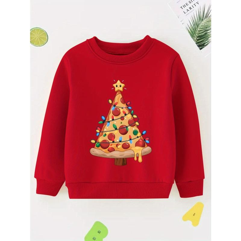 European Sizes Christmas Tree Print Casual Round Neck Sweatshirt For Boys And Girls, Layering Top