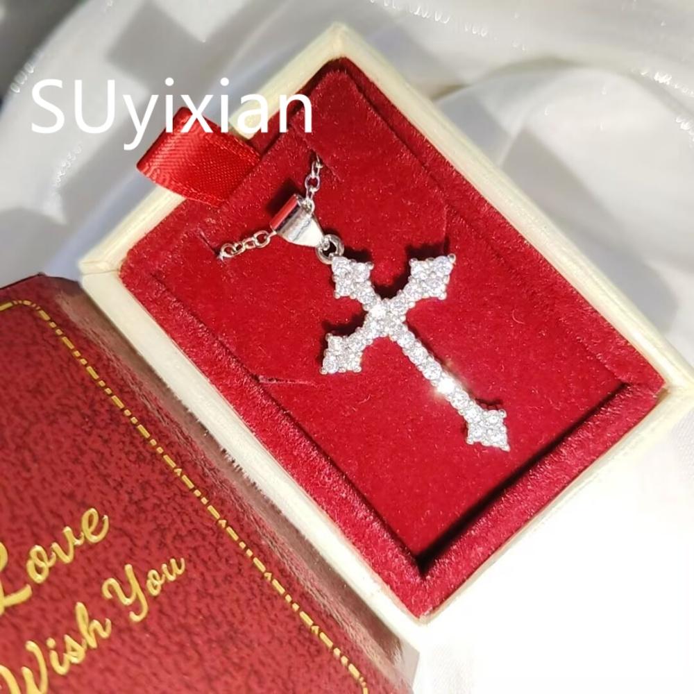 925 Sterling Silver Stylish Simple Cross Zircon Pendant Necklace Birthday Party Anniversary Gift серебряный
