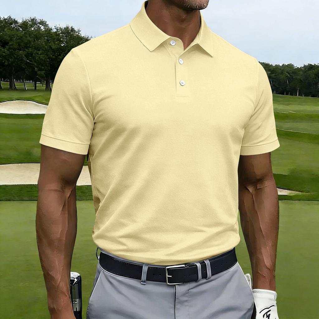 Men Short Sleeve Polo Shirt Classic Fit Button Down Collar Lightweight Breathable Knit Fabric for Business Casual Wear