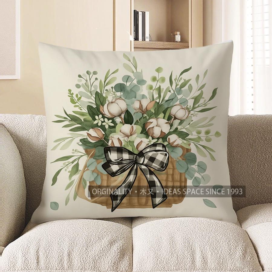Home Decor Basket of Cotton Flowers with Checkered Bow Pillow Pattern Cushion Cover Suitable for Sofa Bedroom Car Pillow Cover