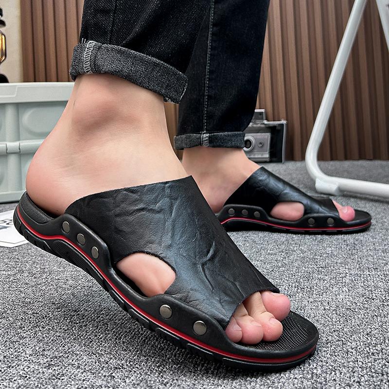 Mens Sandals Summer Comfortable Mens Slippers Leather Beach Shoes Anti Slip Walking Shoes for Men Outdoor Leisure Soft