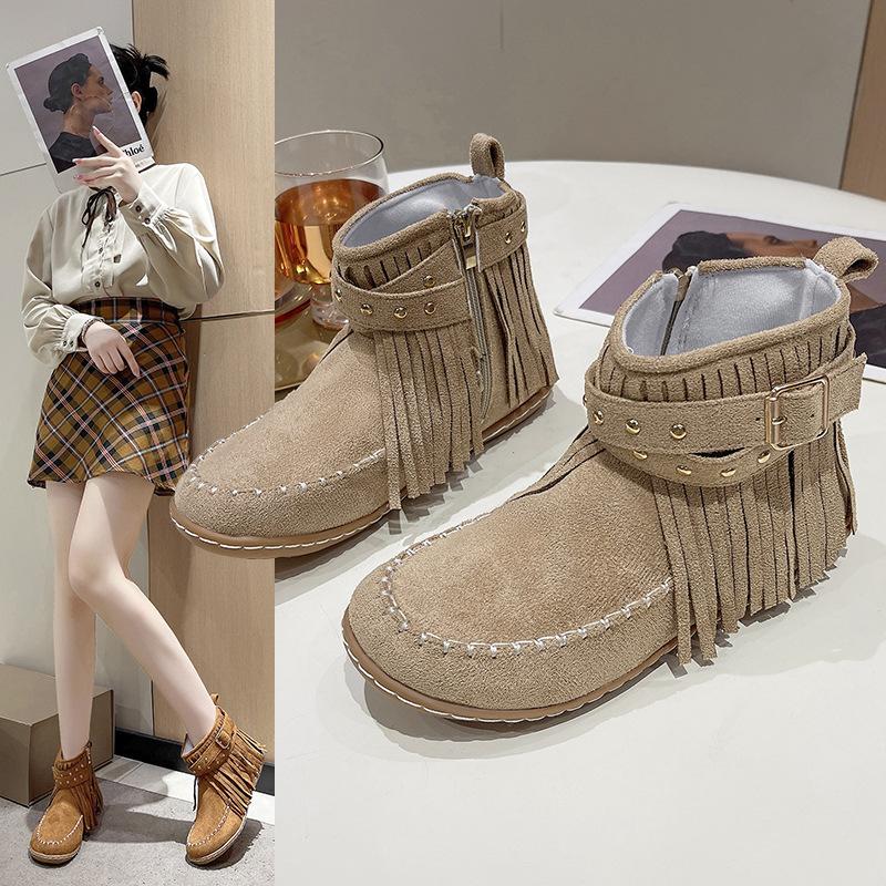 Women's Wide Width Fringe Ankle Boots, Round Toe Flat Sole Martin Boots, European Style Fashion Booties for Women