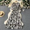 Vintage Elegant V Neck Split Print Short Sleeve Dress Chic Slim A Line Vestidos Summer Vacation Party Women Fashion Dresses