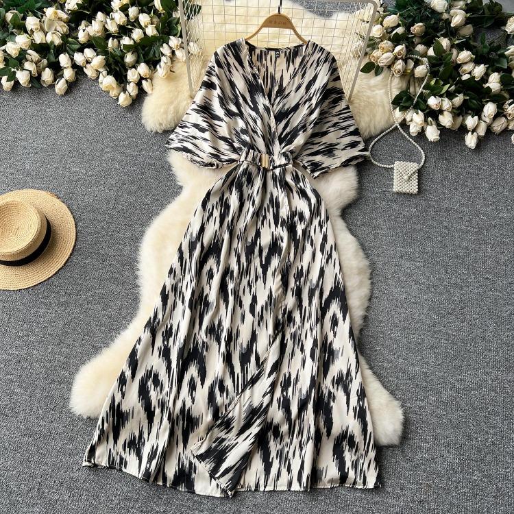 Vintage Elegant V Neck Split Print Short Sleeve Dress Chic Slim A Line Vestidos Summer Vacation Party Women Fashion Dresses