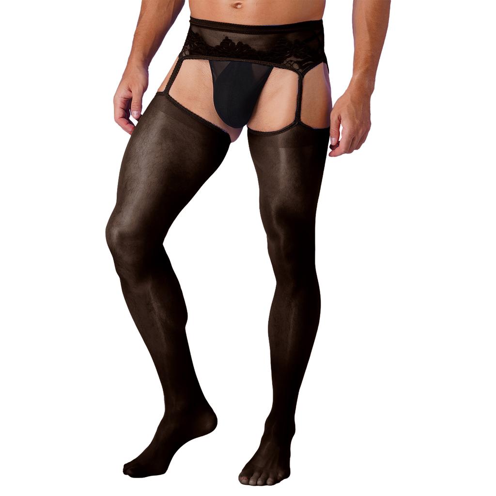 Mens Crotchless Pantyhose Floral Lace Design Open Leggings One Piece Garter Stockings Club Wear