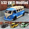 Escala 1/32 T1 Minibús Samba JDP Coche de Juguete Modificado para Niños Modelo Miniatura Diecast Sonido y Luz Colección Regalo Niños