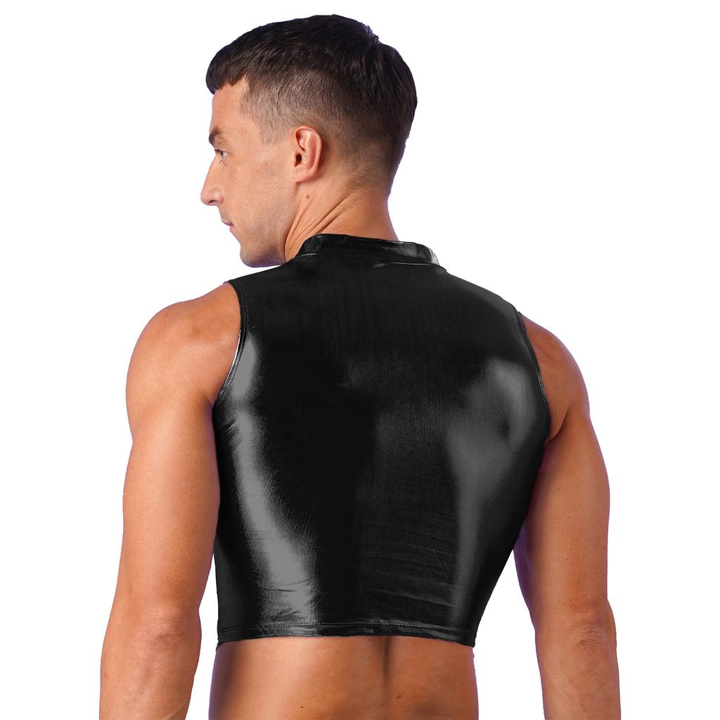 Mens Metallic Sleeveless Vest Faux Leather Crop Top Wet Look Clubwear Street Fashion