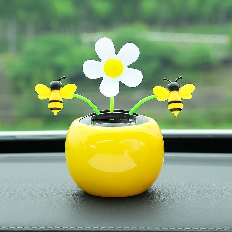 Sonnenbetriebene Sonnenblumen- und Apfelblüten-Autodekoration - Niedliche winkende Cartoon-Dekoration für Frauen
