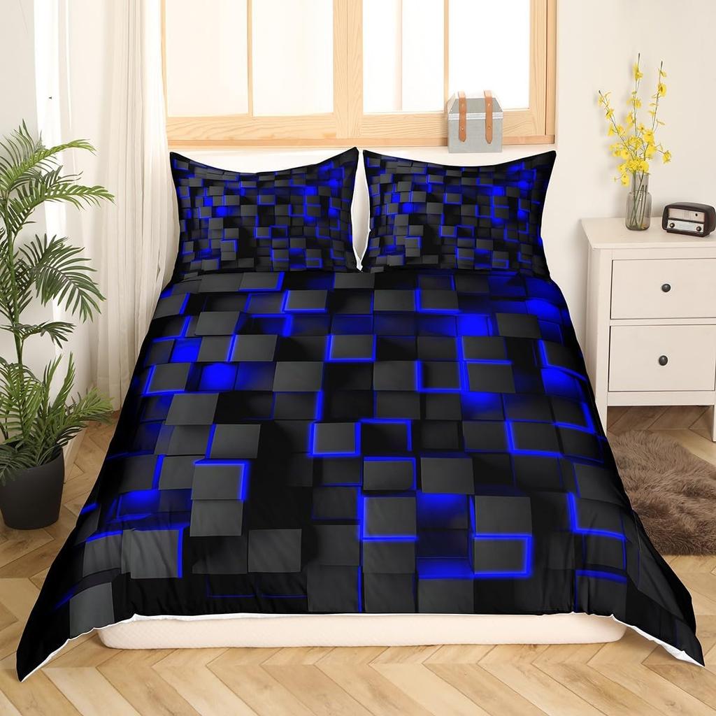 Blau plus Schwarz Beding Weiche Bettwäsche Weiche Bettbezug-Set Leichte Geometrische Bettwäsche-Set für Kinder Kinder Junge Mädchen Warme Deckenbezug-Set Tagesdecke