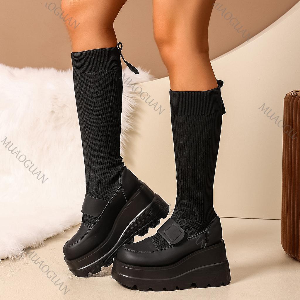 Mode Strick Elastisch Dicke Sohle Lange Sockenstiefel für Damen Schwarz Keile Hohe Absätze Herbst Klobiger Punk-Stil Weiblich Kniehoch Botas